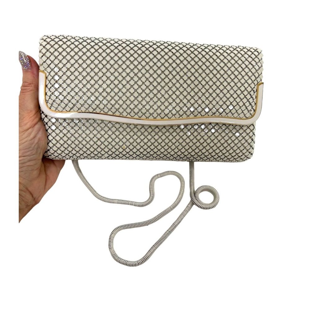 La Regale Vintage Evening Bag Purse Clutch White Mesh Gold Metal Chain Strap